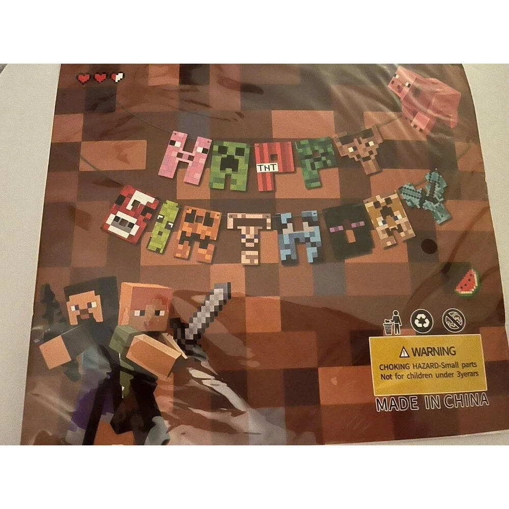 Pixel Birthday Decor Set for Kids Banner, Balloons, Cake Toppers and Ribbon Set